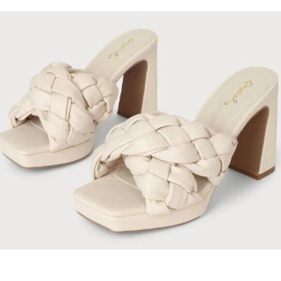 Women's Platform Chunky Heel Slide Sandals Qupid‎ Woven Beige Size 6 New $59 - Picture 1 of 3
